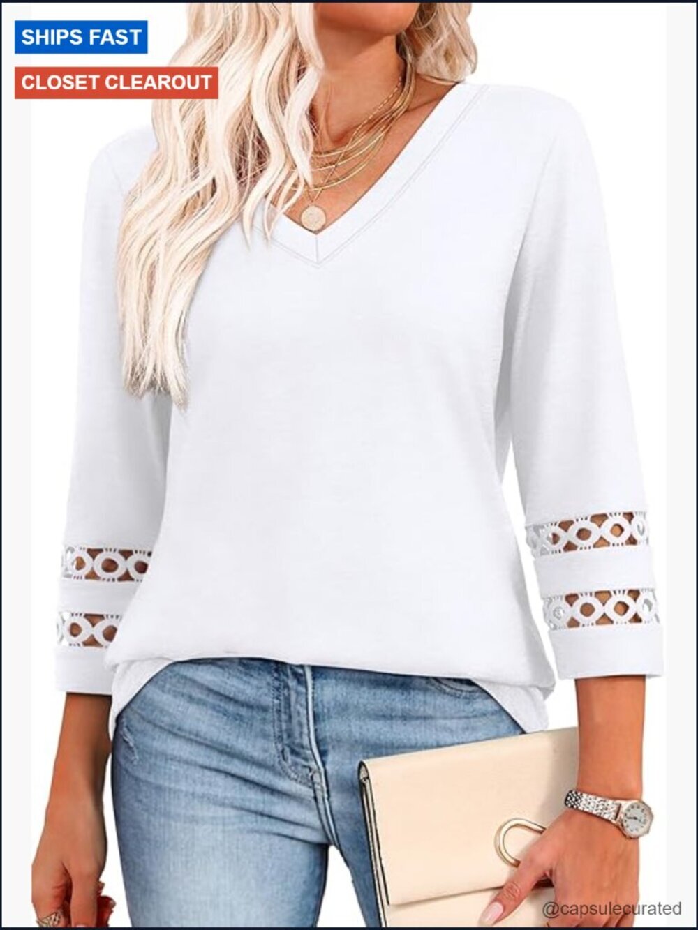 Womens 3/4 Sleeve Lace V Neck Blouse Dressy Casual Tshirt Work Top